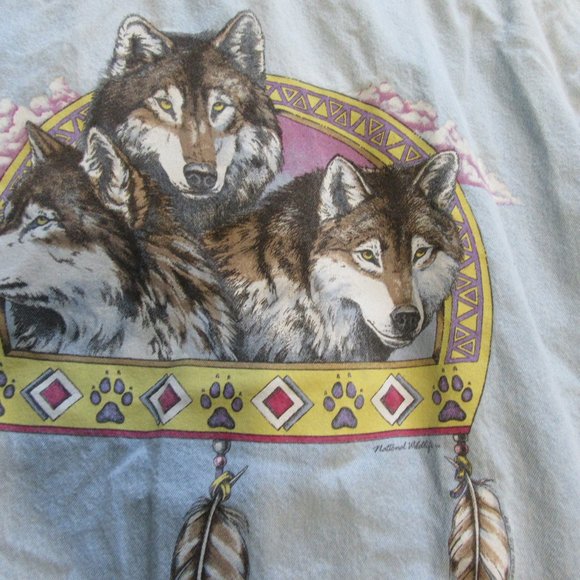 Mens Vtg Native American Wolf Print Denim Button Up Shirt Sz M - Picture 6 of 7